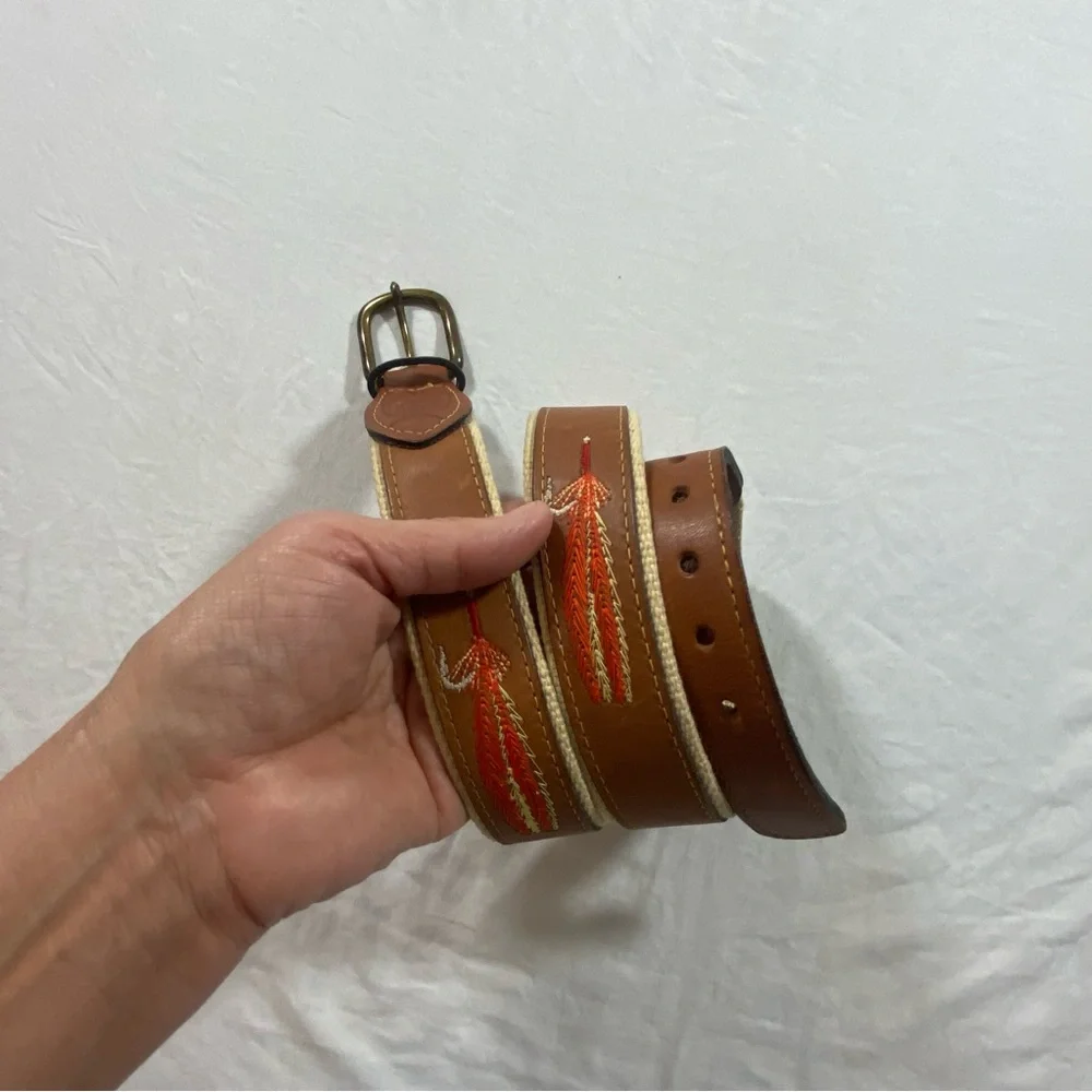 Riders Belt Leather Canvas Orange Men 32 Brown Leather Belt Embroidered Design